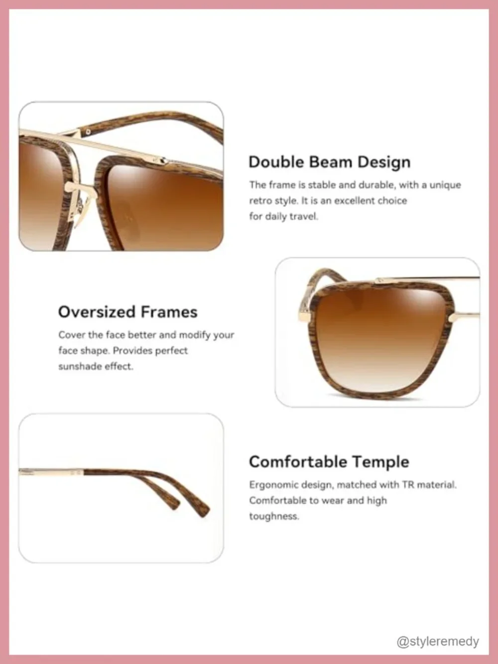 Oversized Square Aviator Sunglasses Men Retro Metal Frame UV400